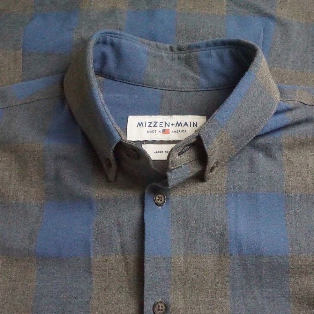 Mizzen + Main Gray Bright Blue Large Plaid Button Up Shirt Sz  Large Trim Fit